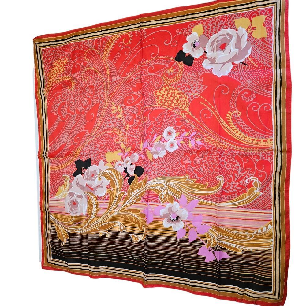 Vintage Totes Rain Scarf Water Repellent Floral Paisley‎ Print Red Gold Black